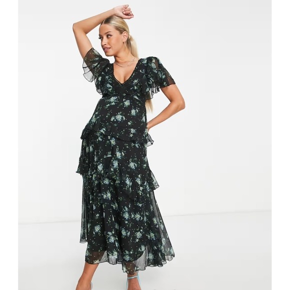 ASOS Design Maternity Maxi Dress Ruffles Floral Flutter Sleeve Cottage 6 NWT $85 - Picture 1 of 9